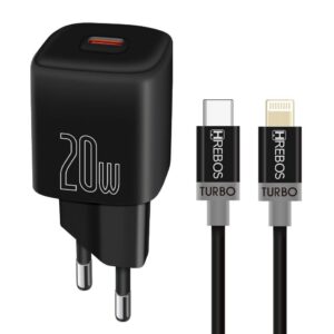Carregador Power Turbo Cube PD 20W Cabo Tipo C para Lightning HREBOS HS-387i